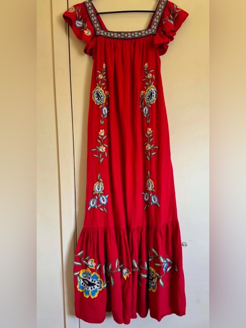 Anthropologie x FARM Rio Red Embroidered Maxi Dress Square Neck